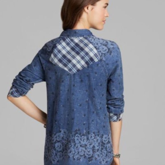 Free People Dottie Over You Chambray Button Up Floral and Plaid Blouse Size S - Picture 14 of 14